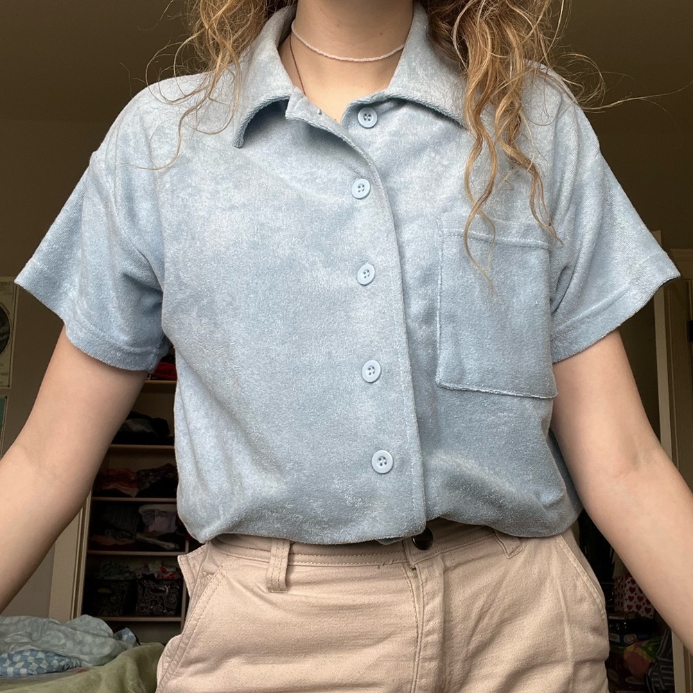 Sky blue terry cloth button up shirt!